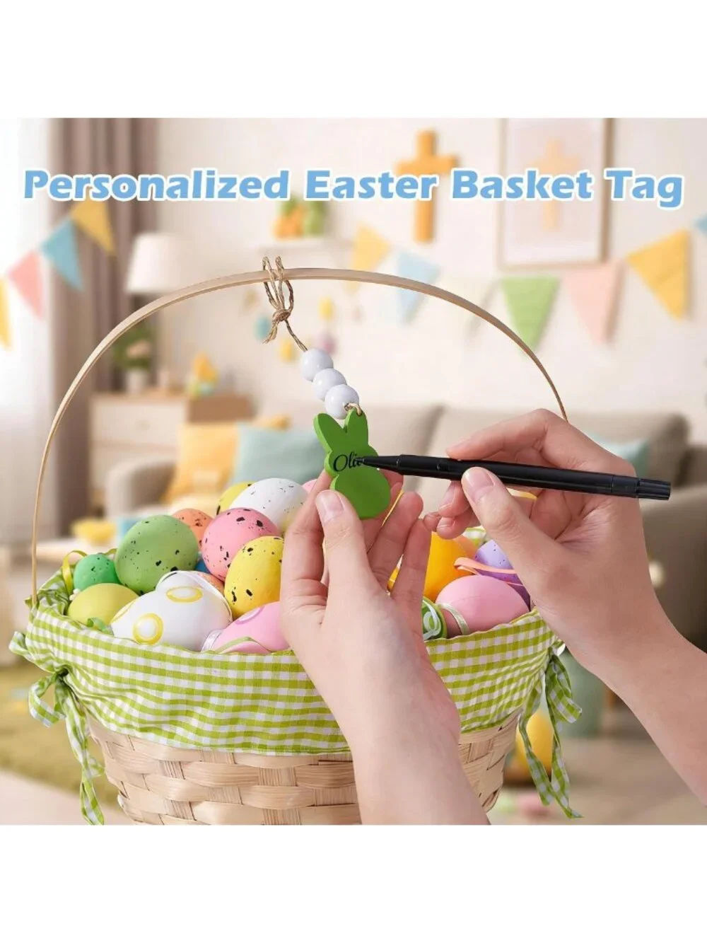 Personalized Large Easter Baskets for Kids - 3 Pcs Wicker & Rope, Colorful Gift